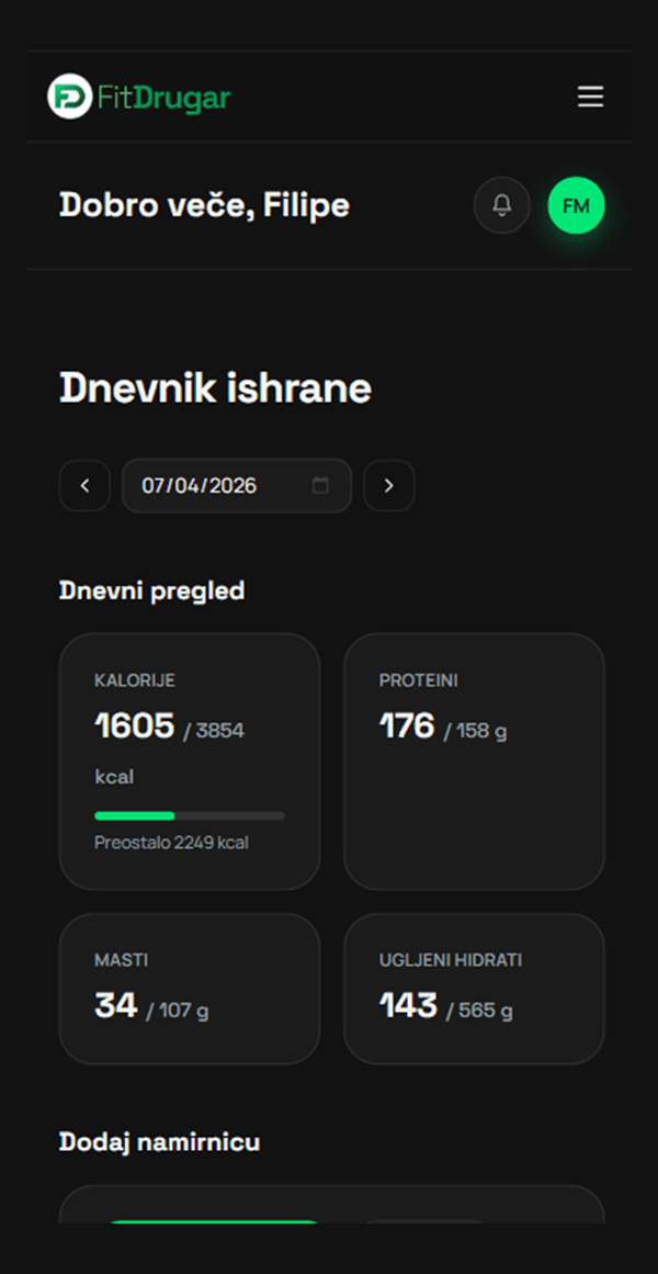 Fit Drugar aplikacija — pregled dana i unetih obroka